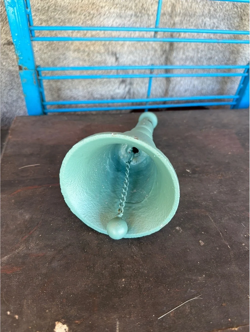 Vintage Green Cast Iron Dinner Bell with Handle